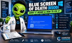Alien technician fixing a Windows Blue Screen of Death