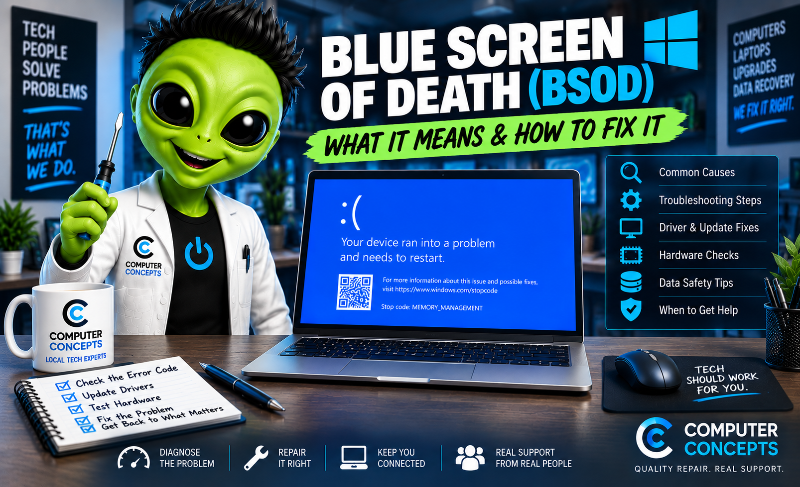 Alien technician fixing a Windows Blue Screen of Death