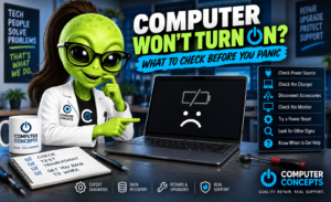 Alien technician troubleshooting a laptop that won't turn on