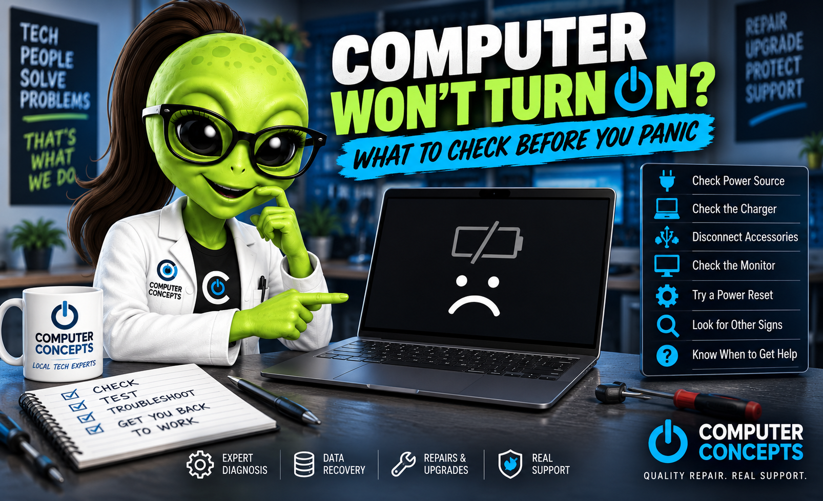 Alien technician troubleshooting a laptop that won't turn on