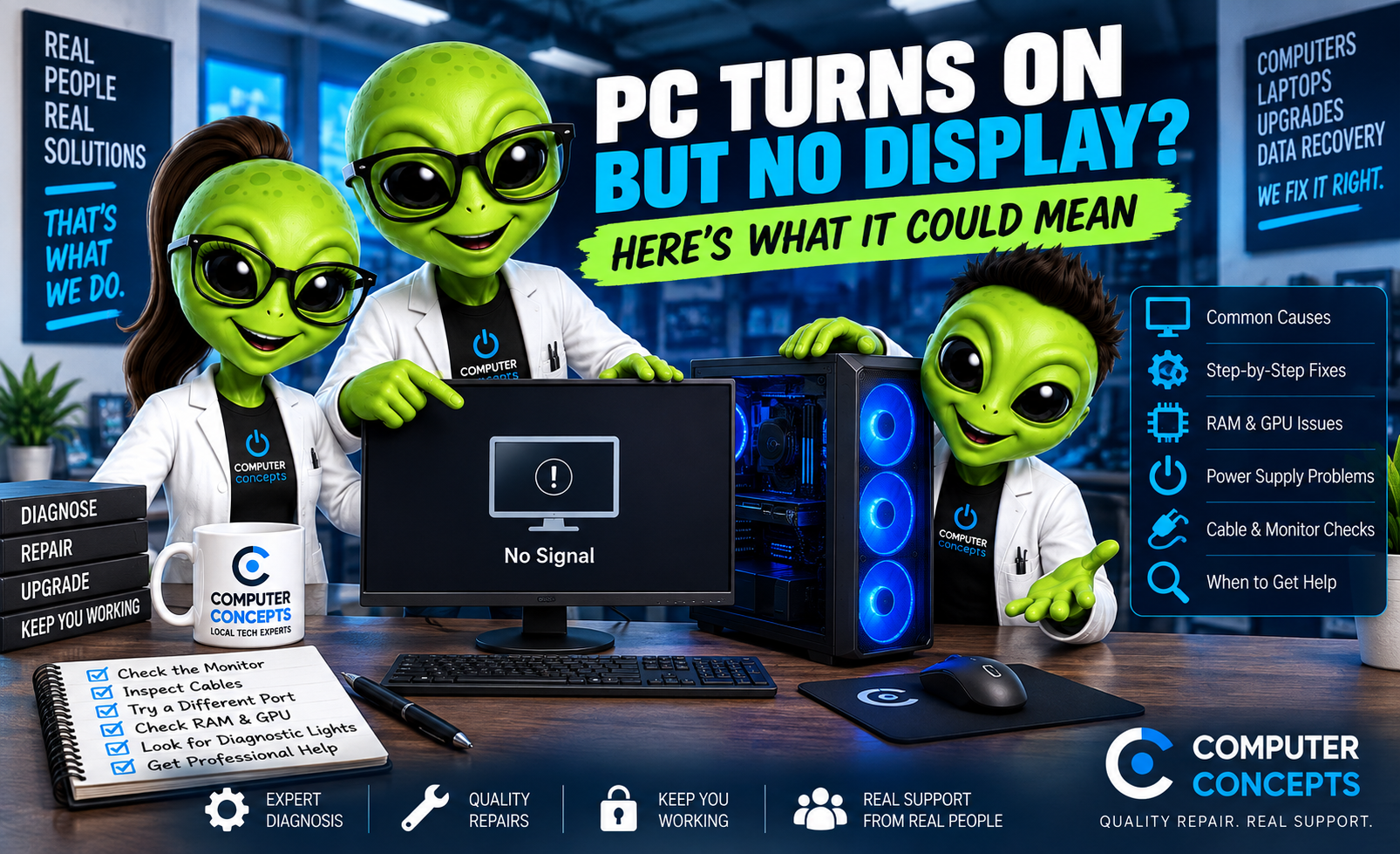 PC turns on but no display troubleshooting